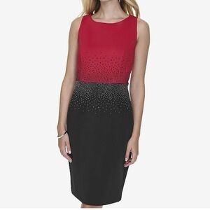 Calvin Klein Rhinestone Red Black Sleeveless Scuba‎ Stretch Sheath Dress Size 6